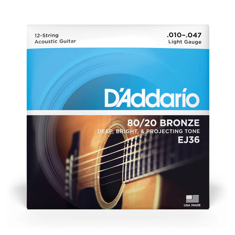 D'Addario EJ36 80/20 Bronze 12-String Acoustic Guitar Strings 10-47