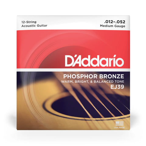 D'Addario EJ39 Phosphor Bronze 12-String Acoustic Guitar Strings 12-52